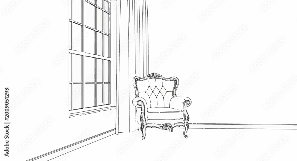 Naklejka premium Ornate armchair sits beside a tall window with draped curtains
