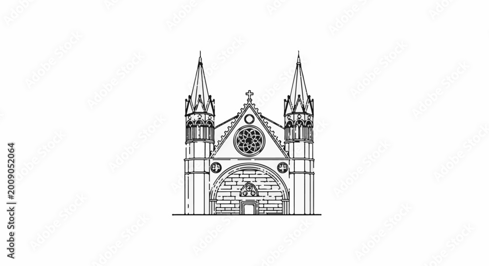 Obraz premium Ornate church facade with twin spires and a rose window