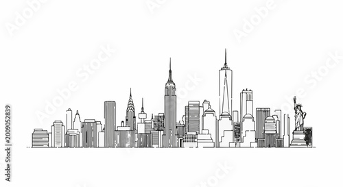 Minimalist line drawing of a city skyline featuring iconic skyscrapers and Statue of Liberty
