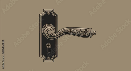 Ornate antique door handle with decorative scrollwork and keyhole on a muted background