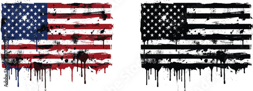 American Flag with Ink Blot Splatter and Paint Drip Grunge Effect – Distressed Patriotic USA Vector in Color and Black White