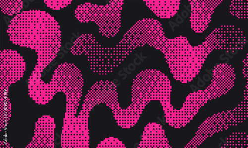 Futuristic pixel bitmap abstract background. Pink organic liquid shapes. Retro nostalgic y2k aesthetic