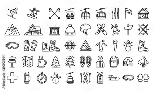 Canvastavla Ski resort outline icon set with skiing snowboard mountain and editable stroke v