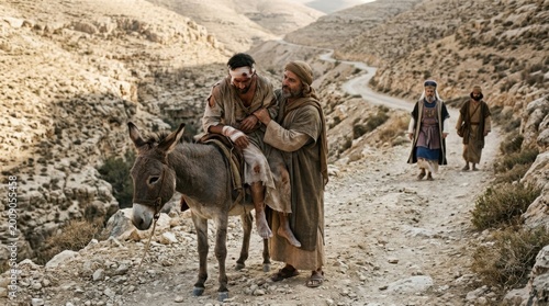 The good samaritan helping an injured man on a donkey in the desert