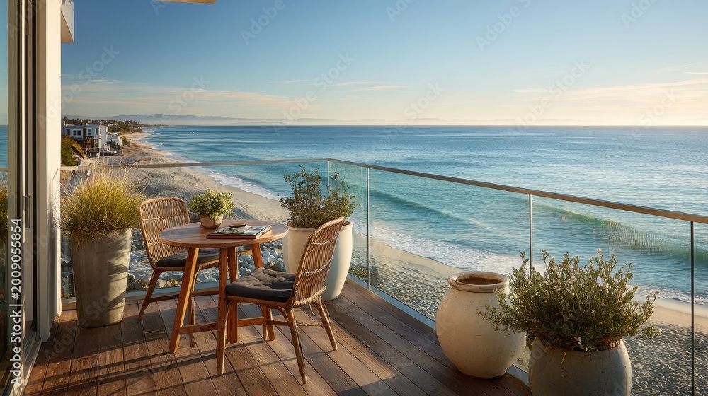Fototapeta premium Sunlit Ocean-View Balcony with Glass Railings, Wooden Deck, and Cozy Outdoor Seating