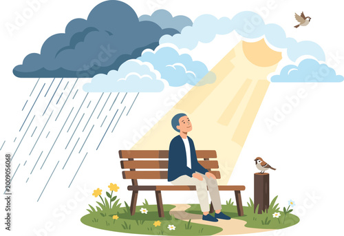 Photos Young man sitting on park bench watching sun break through dark rain clouds conceptual vector of hope and recovery