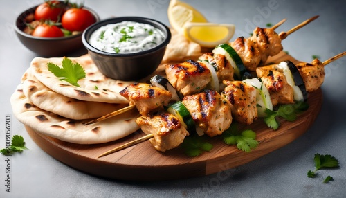 traditional greek chicken souvlaki skewers served with pita bread and tzatziki sauce on a wooden board