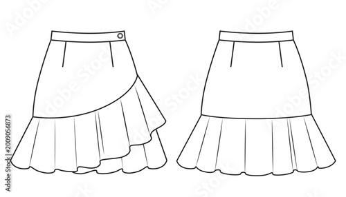Canvastavla Asymmetric skirt with volant technikal sketch