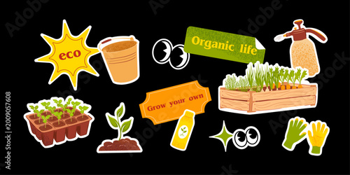 Cute eco gardening sticker collection with plants, seedlings and organic lifestyle labels, playful hand drawn farm elements for social media, packaging and kids design