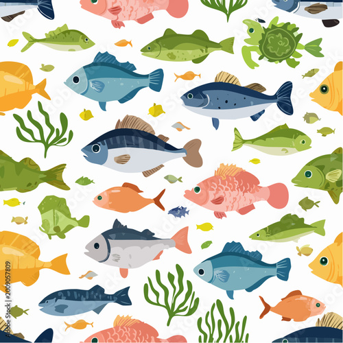 Fish animal seamless pattern. Summer background design. Vacation travel concept. Fishing activity flat cartoon backdrop illustration.