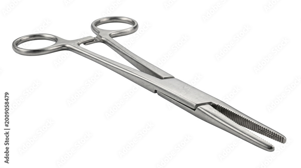 Obraz premium Surgical hemostat forceps made of stainless steel, medical arterial clamp for surgery, professional metallic surgical instrument for healthcare isolated PNG with Transparent Background