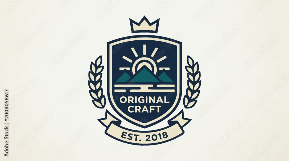 Fototapeta premium Vintage-style logo featuring mountains and sun, representing craftsmanship and quality, suitable for branding