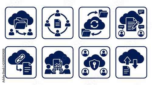 Icons representing cloud storage features including file sharing, collaboration, and security measures