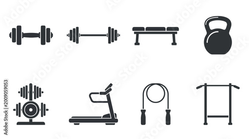 Фотография Collection of fitness equipment including dumbbells, kettlebell, treadmill, and