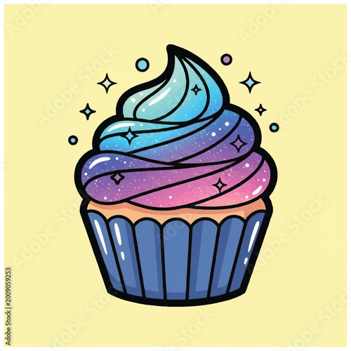 Schilderij op canvas Vibrant Galaxy Swirl Cupcake with Sparkling Icing.