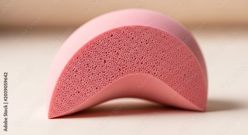 Fototapeta premium Close up of a pink curved sponge on a neutral background.