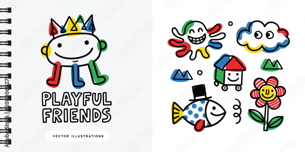 Obraz premium Playful Hand Drawn Cartoon Characters and Whimsical Icons Kids Set Vector Illustration
