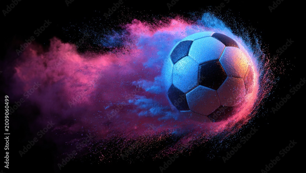 Fototapeta premium Blazing Football: A dynamic football soars through the air, leaving a vibrant trail of color. It captures the essence of speed, skill, and the electrifying energy of the beautiful game.