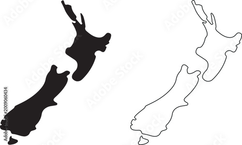 Map of New Zealand with black and white outline isolated on white background