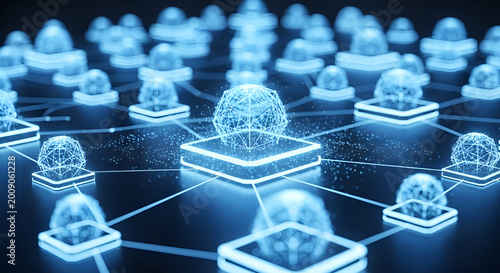 Glowing blue circuit boards connect to spheres in a futuristic technology network landscape.