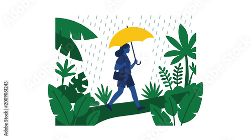Canvas-taulu Woman walking with yellow umbrella rain.