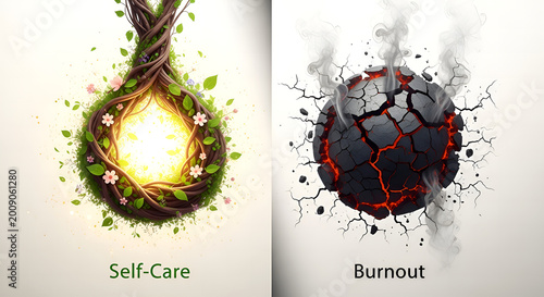 A split scene depicting self-care with a glowing nest and burnout with a cracked sphere.