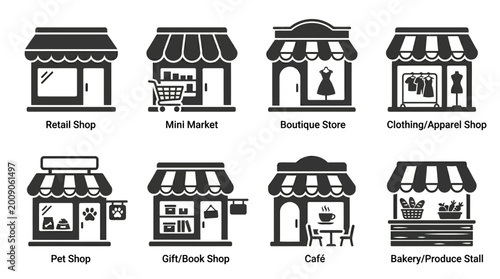 Foto Various retail shop icons showcasing diverse store types in a minimalist design