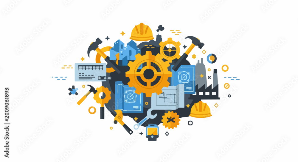 Obraz premium Engineering and Construction Industry Concept Flat Vector Illustration with Industrial Tools, Gears, Hard Hats, and Blueprints