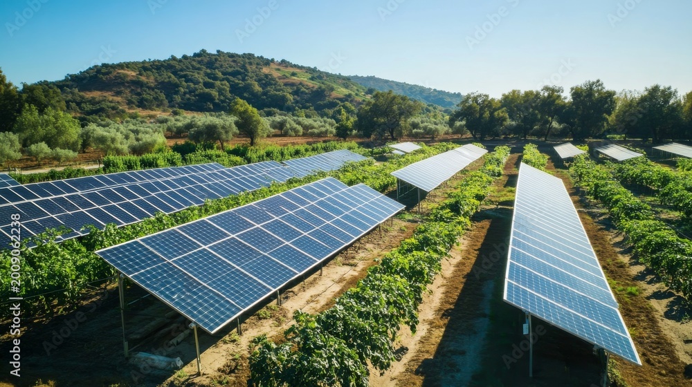 Fototapeta premium Solar panels in a vineyard with crops growing under a clear blue sky in the afternoon sun on a warm day in a rural area