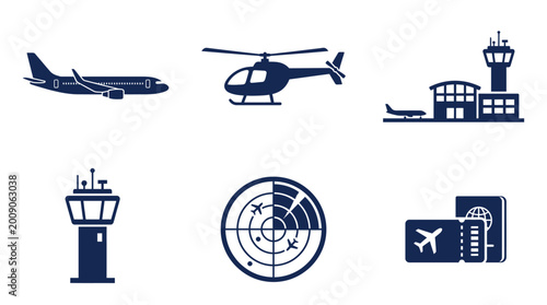 Fotografía A collection of aviation icons including an airplane, helicopter, control tower,