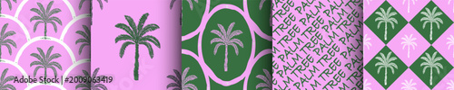 Palm tree, marine theme retro geometric seamless pattern, texture background set. Pink green Trendy swimwear design, ornament print, wrapping paper, greeting card