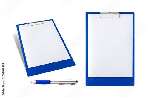 Blue clipboard with blank white paper and pen isolated on white background. Set of two clipboards with red pen