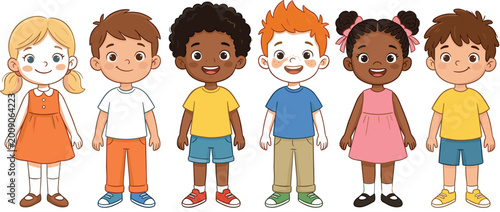 Foto Diverse children character lineup with boys and girls, multicultural kids illust
