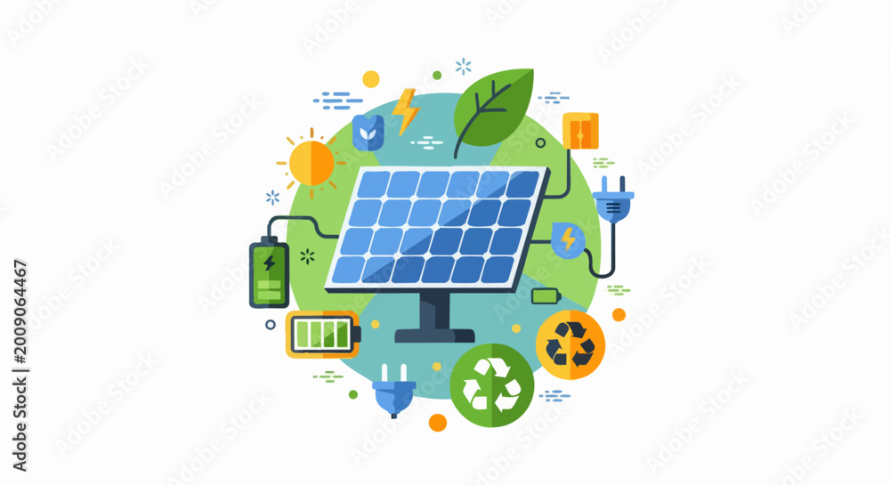 Fototapeta premium Sustainable Solar Energy and Renewable Green Technology Concept Vector Illustration