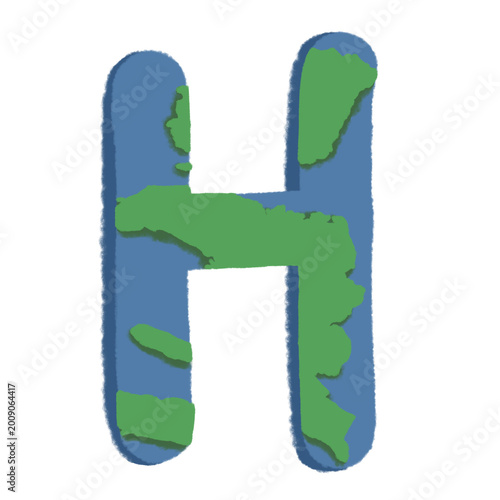 Alphabet H (Letter H) with earth theme, real world map of the country that starting letter H is drawn well inside the letter.  Containing ocean in the color blue and green as the land.