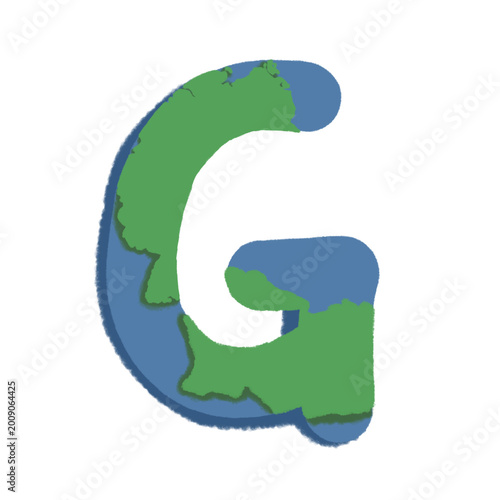 Alphabet G (Letter G) with earth theme containing ocean in the color blue and green as the land. Real world map of a country with starting letter G is drawn well inside the letter.