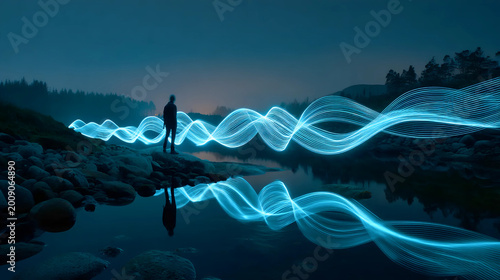 Glowing Light Trail at River | Nighttime Nature Meditation | Bioluminescent Light Art Experience
