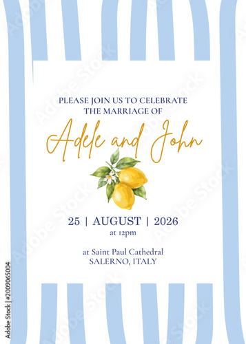 Save the Date card. Mediterranean summer wedding template, Lemon themed bridal event, summer celebration and garden ceremonie. Watercolor lemons and citrus blossoms, Mediterranean blue ceramic tiles. 