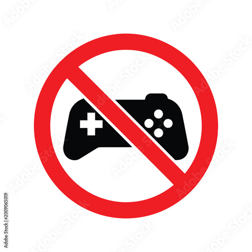 No video games allowed sign with a black game controller icon inside a red forbidden circle symbol for gaming restriction isolated on transparent background