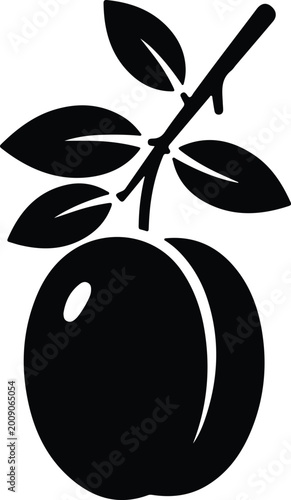 Cuadro en lienzo Silhouette vector plum fruit with leaves on simple branch design