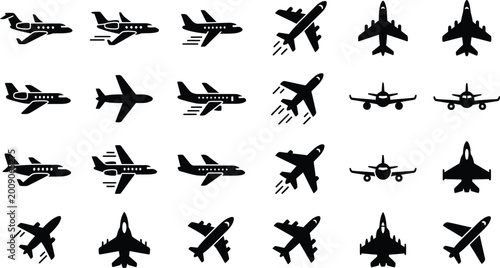 Civil Aviation and Commercial Airplane Icon Set  Vector Silhouettes
