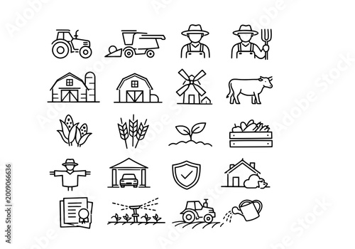 Farming and agriculture icons set: tractor combine farmer barn windmill cow corn wheat sprout