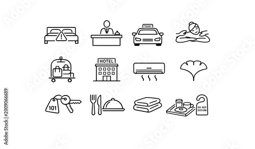 Schilderij op canvas Hotel service and amenities icons with air conditioner ginkgo leaf room number c