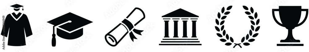 Obraz premium Graduation icons set, education symbols including graduate cap diploma scroll university building laurel wreath and trophy cup clean vector illustration.