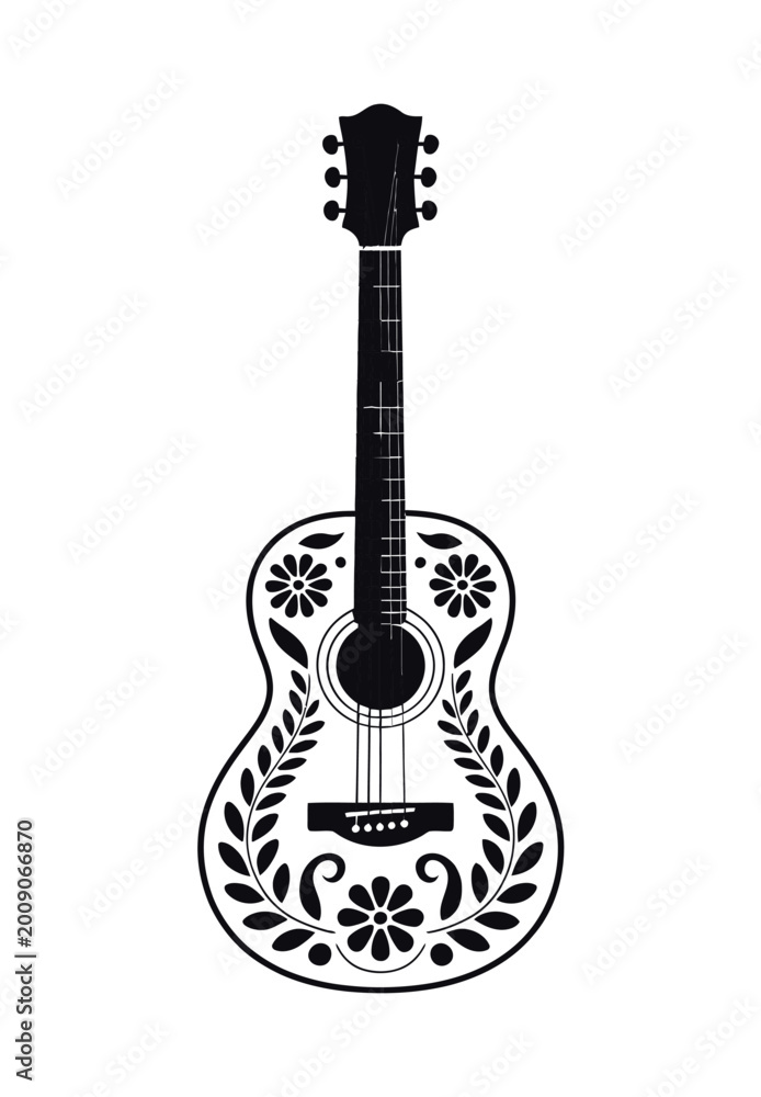 Naklejka premium Acoustic guitar decorated with floral patterns, musical instrum