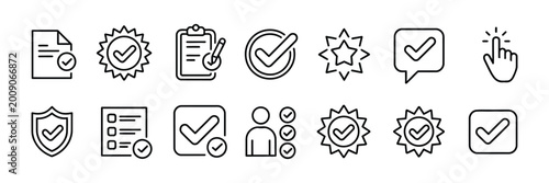 Schilderij op canvas Checkmark thin line icon set containing checked tick checkbox validation confirmation done completed approve yes correct right verify accept ok success agree exam and survey concept vector