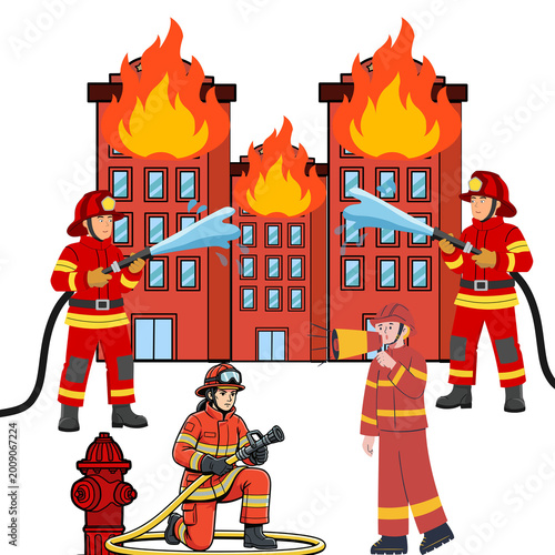 Canvas-taulu Firefighters battling a building fire with water hoses and flames