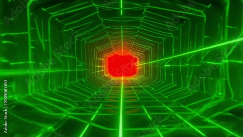 Cinematic 4K video clip of a futuristic green-lit tunnel with a glowing red orb at the end, abstract background for motion graphics and visual effects