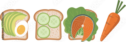 Bilde på lerret Healthy food breakfast toast set with avocado and boiled egg, cucumber slices, salmon fillet with lettuce, and a fresh orange carrot isolated on white background