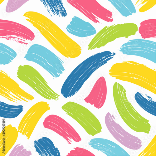 Colorful abstract brush stroke painting seamless pattern illustration. Modern paint line background in fun summer color. Messy ink sketch wallpaper print, freehand rough hand drawn texture.